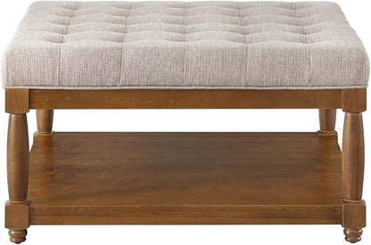 24KF Upholstered Square Coffee Table with Wooden Shelf, Tufted Button Large Square Ottoman with Spindle Wooden Legs, Linen Large Footrest Ottoman Pouf for Living Room, Linen