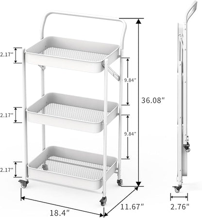 JAQ Foldable Rolling Cart, 3-Tier Metal Small Folding Storage Utility Carts Basket Rack Organizer with Handle on Wheels for Snacks Books Fruits for Kitchen Laundry Room Bathroom - (White, 3-Layer)