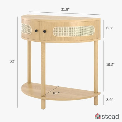 Rattan Half Moon Shaped Entry Table, Small Console Table with Storage, Modern Home Decor, Cane Console Table, Solid Wood Entryway Table with 2 Doors & Black Knobs (Natural Oak)