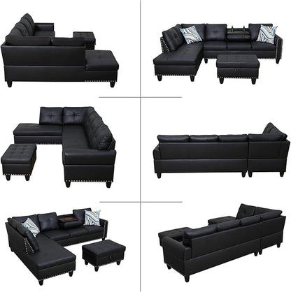 L Shaped Modular Sectional Sofa with Reversible Chaise Lounge, 5-Seater Corner Couch, PU Leather Convertible Sofá w/Movable Ottoman, Cup Holders, 2 Pillows and Rivet Ornament for Living Room