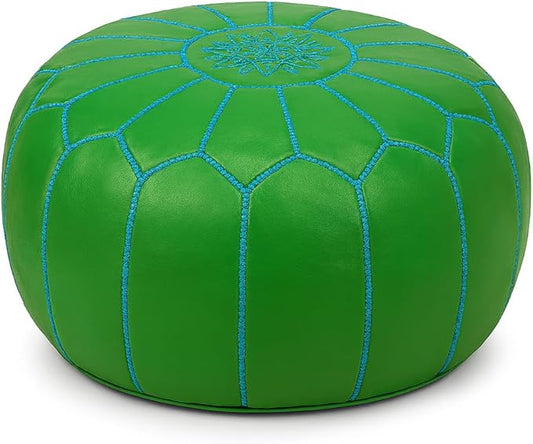 Stuffed Round Design Moroccan Leather Pouf Ottoman, Handmade, Pre-Filled, 100% Genuine Leather, 13” Height x 20” Diameter, Footstool & Living Room Décor (Green)