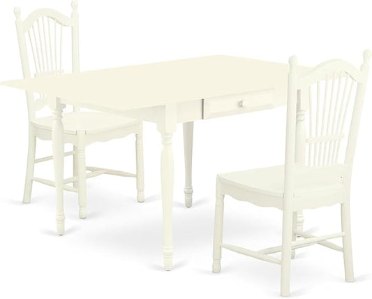 East West Furniture MZDO3-LWH-W 3 Piece Dining Set Contains a Rectangle Dining Room Table with Dropleaf and 2 Wood Seat Chairs, 36x54 Inch, Linen White
