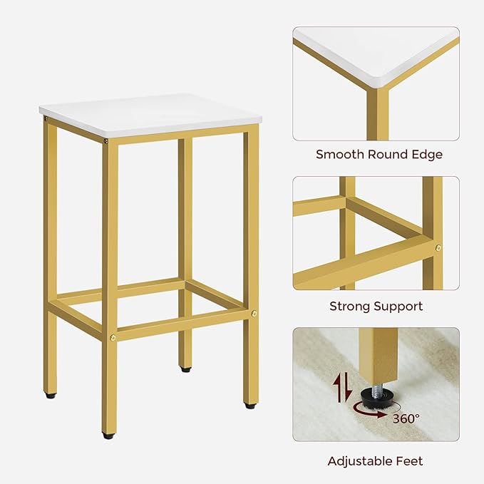 Bar Stools, Set of 2 Bar Chairs, Kitchen Breakfast Bar Stools with Footrest, 25.8-Inch Height, Rectangular Industrial Stools, for Dining Room, Easy Assembly, White and Gold BAJW0101