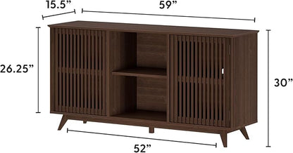 Plank+Beam Mid-Century Modern Wood TV Stand, Solid Wood Entertainment Console with Storage, 59" L x 16" W x 30" H, Walnut