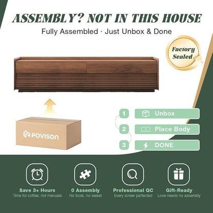 POVISON Fully-Assembled Mid Century Glossy Sintered Stone TV Stand, 118.11" Wood Media Console with Adjustable LED Light, Entertainment Center with Storage for Living Room(Walnut)