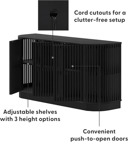 Plank+Beam Contour Wood TV Stand, Three Door Solid Wood Entertainment Console with Storage, 59" L x 16" W x 30" H, Black