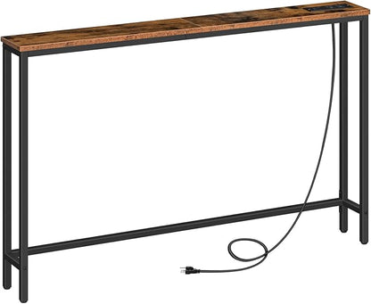 HOOBRO 47.2" Narrow Console Table with Power Outlets, 5.9" Behind Couch Table with Charging Station, Long Sofa Table, Skinny Entryway Table for Living Room, Hallway, Foyer, Rustic Brown BF15XG01G1