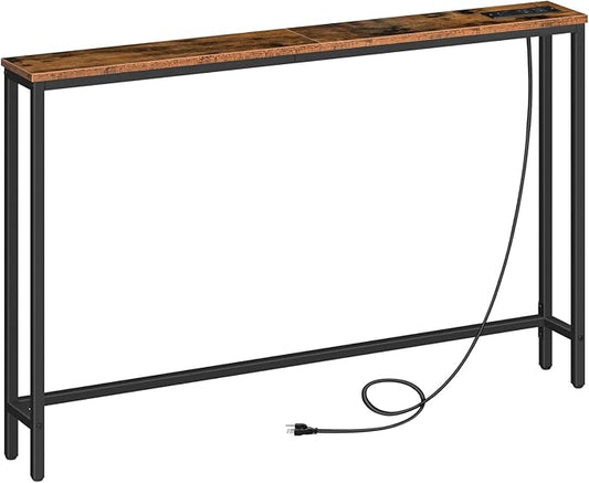 HOOBRO 47.2" Narrow Console Table with Power Outlets, 5.9" Behind Couch Table with Charging Station, Long Sofa Table, Skinny Entryway Table for Living Room, Hallway, Foyer, Rustic Brown BF15XG01G1