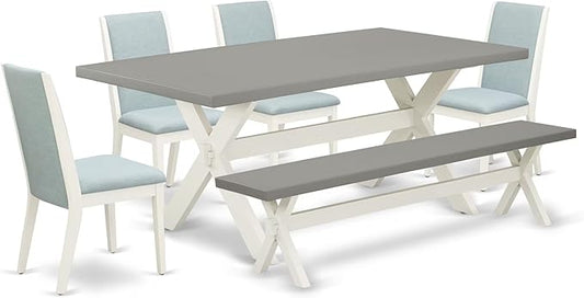 East West Furniture X097LA015-6 6 Piece Kitchen Table Set Contains a Rectangle Dining Table with X-Legs and 4 Baby Blue Linen Fabric Parson Chairs with a Bench, 40x72 Inch, Multi-Color