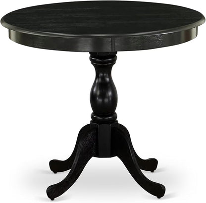 East West Furniture AMAB3-ABK-24 3 Piece Modern Dining Table Set Contains a Round Kitchen Table with Pedestal and 2 Black Color Linen Fabric Upholstered Chairs, 36x36 Inch, Wirebrushed Black