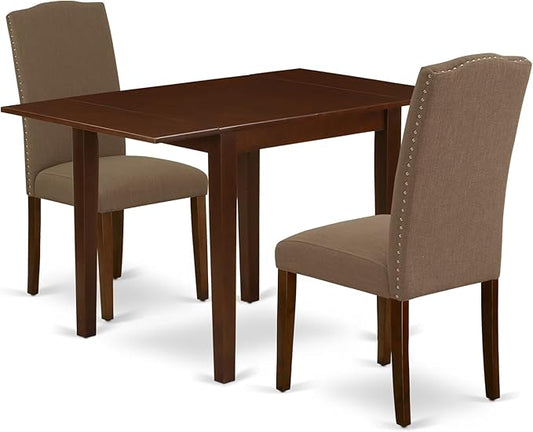 East West Furniture NDEN3-MAH-18 3 Piece Dining Set Contains a Rectangle Dining Room Table with Dropleaf and 2 Dark Coffee Linen Fabric Upholstered Chairs, 30x48 Inch, Mahogany