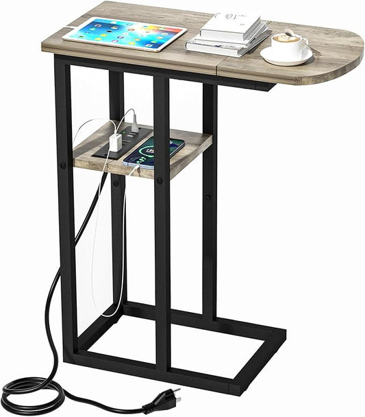 C Table End Table with Charging Station, Couch C Shaped Side Table for Living Room, Bedroom, Laptop Table with USB Ports and Type-C Port, Snack Tray Table for Couch