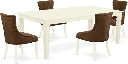 East West Furniture LGFR5-LWH-18 5 Piece Dining Table Set Includes a Rectangle Kitchen Table with Butterfly Leaf and 4 Brown Linen Linen Fabric Upholstered Chairs, 42x84 Inch, Linen White