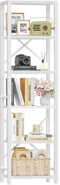 Furologee White Bookshelf 6 Tier Tall Narrow Bookcase, Modern Display Standing Shelf Unit, Metal and Wooden Storage Corner Shelves Organizer for Bedroom, Living Room, Office, Bathroom