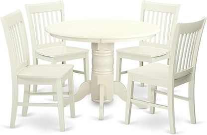 East West Furniture SHNO5-LWH-W 5 Piece Kitchen Table & Chairs Set Includes a Round Dining Room Table with Pedestal and 4 Solid Wood Seat Chairs, 42x42 Inch, Linen White