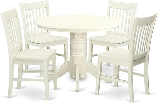 East West Furniture SHNO5-LWH-W 5 Piece Kitchen Table & Chairs Set Includes a Round Dining Room Table with Pedestal and 4 Solid Wood Seat Chairs, 42x42 Inch, Linen White