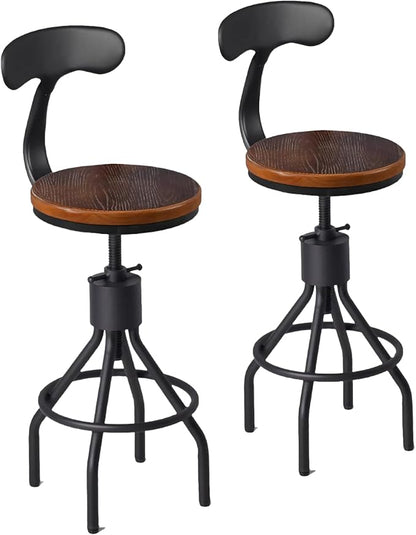 Diwhy Industrial Vintage Bar Stool, Kitchen Counter Height Adjustable Pipe Chair, Cast Iron Stool, Swivel Bar Stool with Backrest, Silver, Fully Welded Set of 2 Brown Wood Seat