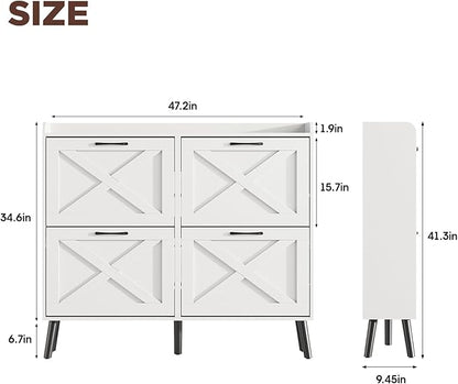 Maupvit Large Shoe Storage Cabinet with 4 Flip Drawers, Narrow Shoe Cabinet for Entryway with Wooden Legs, Freestanding Hidden Shoe Rack Organizer ＆ Metal Hinges, White