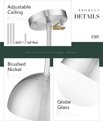 LMS 2 Pack Modern Pendant Lights, Mid Century Brushed Nickel Kitchen Lighting with White Globe Glass Shade, Adjustable Hanging Light Fixtures Ceiling Light for Home Office Dining Room, LMS-186BN2PK