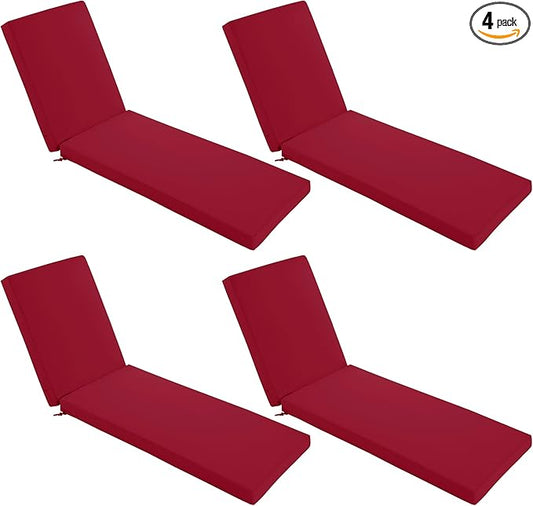 Chaise Lounge Cushions Outdoor Set of 4 - Waterproof and Fade Resistant Sun Lounger Replacement Cushions - Patio Lounger Pads with Removable Cover for Pool, Deck, Lawn, 72 x 21 x 3 Inch, Red