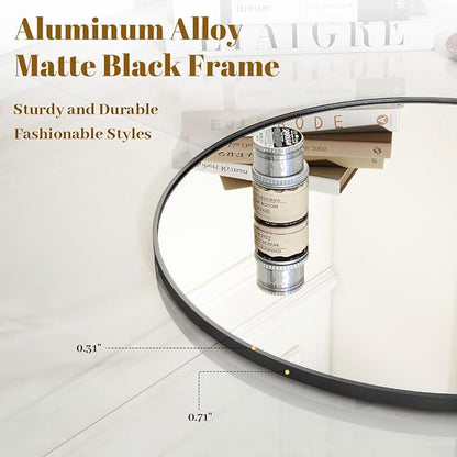 Black Round Bathroom Mirror, 20 inch Circle Wall Mounted Hanging Mirror with Simple Modern Circular Metal Frame for Hallway, Entryway, Living Room, Black Frame
