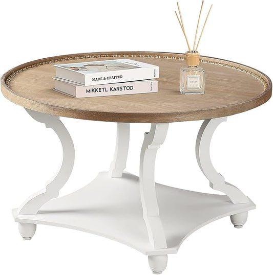 Wnutrees Farmhouse Round Coffee Table, Wood Tray Top Circle Coffee Table with Storage Shelf Rustic Style for Living Room and Vintage Finish, White
