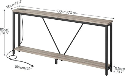 HOOBRO 70.9" Extra Long Sofa Console Table with Charging Station, 2-Tier Behind Couch Table with V-Brace, for Narrow Entryway, Hallway, Living Room, Greige BG186UXG01