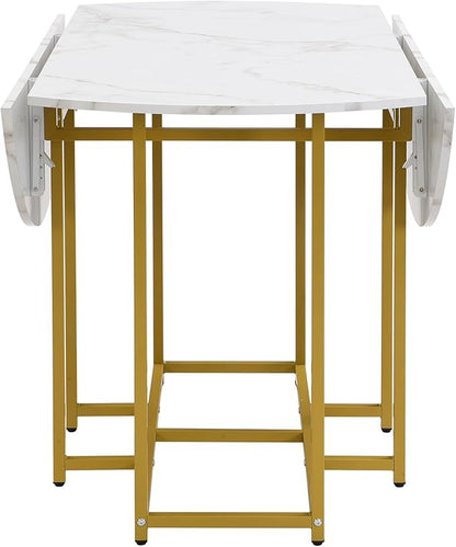 Merax 47.2” Round Dining Table Set for 4, Foldable Kitchen Dining Table with 11.8” Drop Leaves, Faux Marble Top with Golden Frame, 4 Upholstered Chairs (White+Black)