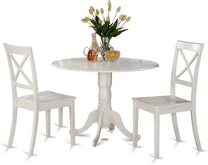 East West Furniture DLBO3-WHI-W 3 Piece Dining Room Table Set Contains a Round Kitchen Table with Dropleaf and 2 Dining Chairs, 42x42 Inch, Linen White