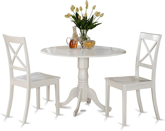 East West Furniture DLBO3-WHI-W 3 Piece Dining Room Table Set Contains a Round Kitchen Table with Dropleaf and 2 Dining Chairs, 42x42 Inch, Linen White