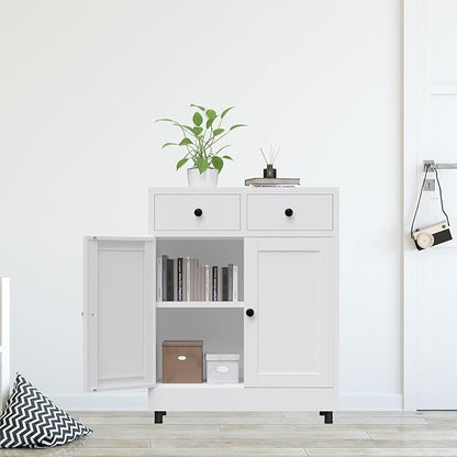 Metal Storage Cabinet with 2 Drawers and Adjustable Shelf, Sideboard Buffet Cabinet for Home, Office, Hallway, Entryway, Living Room, Kitchen Pantry and Dining Room (34.8" H, with Feet, White)