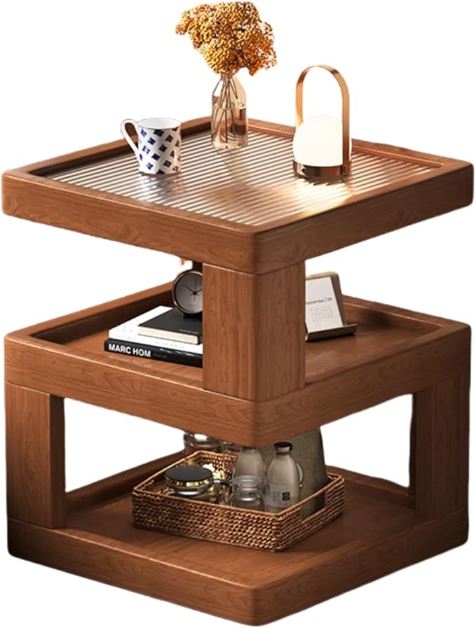 Solid Wood Nightstand,End Tables Bedroom Small Shelf Modern Nightstand Wood Side Table (GLASS-21.3 * 13.8 * 13.8)