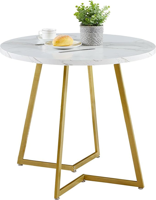VECELO Round Dining Room Table with Wood Grain Tabletop and Steel Frame, for Kitchen, Living Room, Office, Conference, 2 to 4 Person, White & Gold