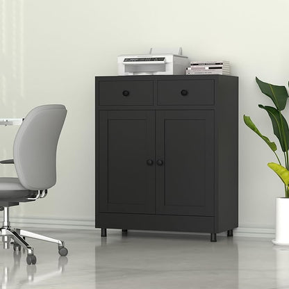 Metal Storage Cabinet with 2 Drawers and Adjustable Shelf, Sideboard Buffet Cabinet for Home, Office, Hallway, Entryway, Living Room, Kitchen Pantry and Dining Room (34.8" H, with Feet, Black)