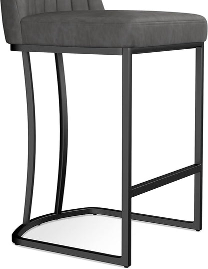 Counter Height Bar Stools Set of 2, Upholstered Leather Barrel Barstools with Back and Metal Legs for Kitchen Island, 27.4" Seat Height, Fabric in Faux Leather, Rustic Grey