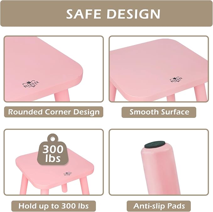 BEE&OAK Wooden Step Stools for Adults, Solid Rubber Wood Non-Slip Step Foot Stool, Heavy Duty 300 lbs One Step Stool for Bedroom, Bathroom, Kitchen,Outdoor (Pink, 11" (D) x 11"(W) x 11.8"(H))