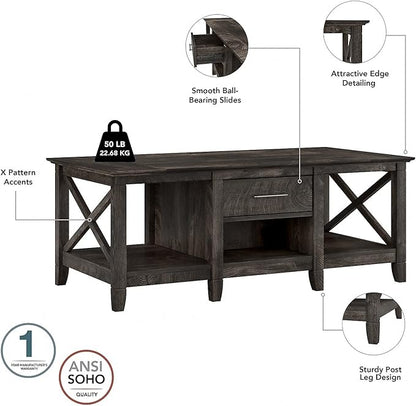 Bush Furniture Key West Coffee Table with Set of 2 End Tables in Dark Gray Hickory