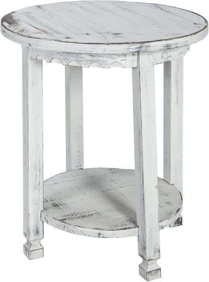 Rustic Cottage Round End Table w/ 1 Shelf, White Antique, 20" x 20" x 24", Farmhouse Style - Unique Accent Piece, Constructed of Select Hardwoods/Composite Wood, End Table w/ Drawer & Shelf
