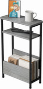 7.1" Narrow Side Table for Small Spaces, 3 Tier Small End Table with Magazine Holder, Slim/Skinny Nightstand/Bedside Table for Living Room, Bedroom, 15.4" L x 24.2" H, Gray