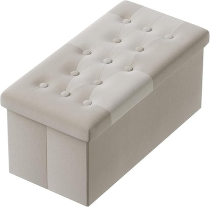 PRANDOM Extra Large Ottoman with Storage [1-Pack] Velvet Folding Small Square Foot Stool with Lid for Living Room Bedroom Coffee Table Dorm Beige 30.5x15x15 inches