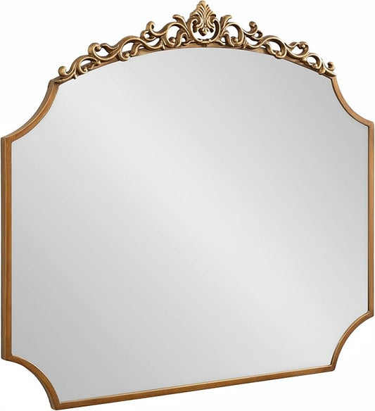 Kate and Laurel Arendahl Ornate Traditional Arched Scallop Mirror; 24 x 36; Antique Gold; Decorative Baroque Style Scalloped Arch Vintage Gold Mirror with Ornamental Crown