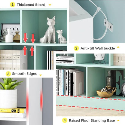 IOTXY Open Shelf Low Bookcase - Wooden 3-Tier Floor Standing Display Cabinet Organizer with Base, 5 Cubes Short Horizontal Bookshelf in Warm White