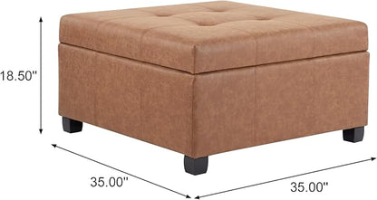 Christopher Knight Home Lorel Faux Leather Square Storage Ottoman Coffee Table, Wooden Ottoman with Storage, Entryway Modern Ottoman Foot Stool, Toy Box Storage for Living Room, Brown