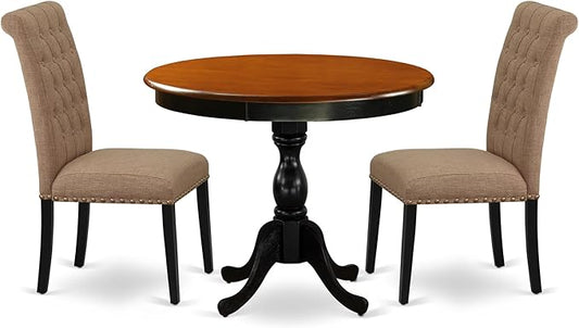 East West Furniture AMBR3-BCH-17 3 Piece Dining Table Set Contains a Round Kitchen Table with Pedestal and 2 Light Sable Linen Fabric Upholstered Kitchen Chairs, 36x36 Inch, Black & Cherry