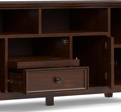 SIMPLIHOME Amherst 72-inch Wide Solid Wood TV Stand in Russet Brown, Transitional-Style Media Console for Living Room with Cable Management and Adjustable Shelves, Fits 80" TVs