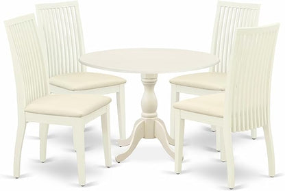 East West Furniture DMIP5-LWH-C 5 Piece Modern Dining Table Set Includes a Round Wooden Table with Dropleaf and 4 Linen Fabric Upholstered Dining Chairs, 42x42 Inch, Linen White