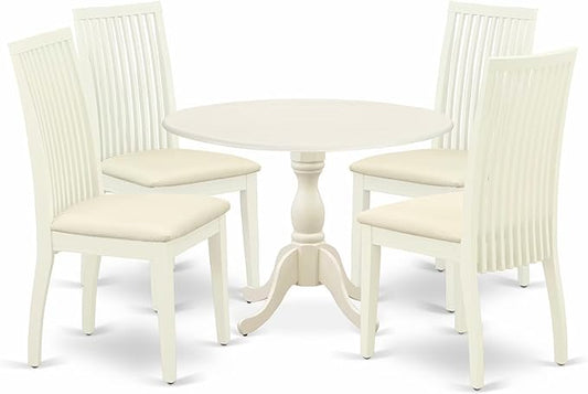East West Furniture DMIP5-LWH-C 5 Piece Modern Dining Table Set Includes a Round Wooden Table with Dropleaf and 4 Linen Fabric Upholstered Dining Chairs, 42x42 Inch, Linen White