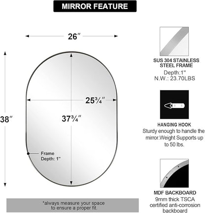 ANDY STAR 26x38’’ Brushed Nickel Oval Bathroom Mirror, Pill-Shaped Nickel Mirror Metal Framed, Stainless Steel Anti-Rust, Wall-Mounted Vertical/Horizontal