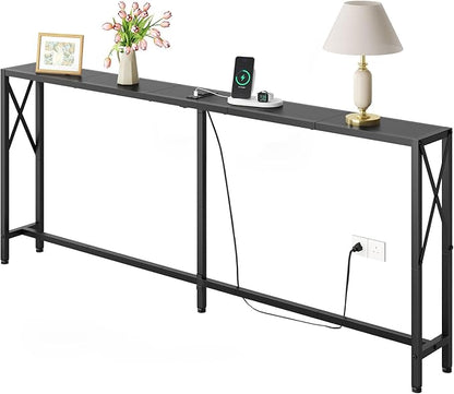 Console Table Narrow Long, Behind Couch Table with Oulets & USB Ports, Industrial Long Skinny Stand for Entryway,Hallway, Living Room, Bedroom Black, 7.9" D x 70" W x 24.8" H