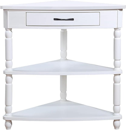 GDFStudio Trmxmbi 3 Tier Corner Console Table with 1 Storage Drawers and Shelves, 33.8'' Rustic Wood Triangle Sofa End Table for Small Spaces, Solid Wood Legs, Milk White